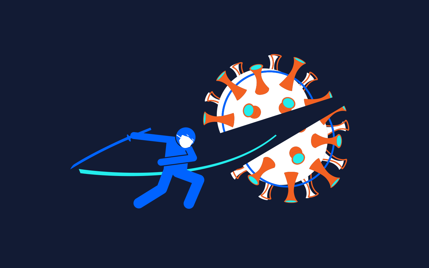 Illustration of a person using a katana to slash a coronavirus in half